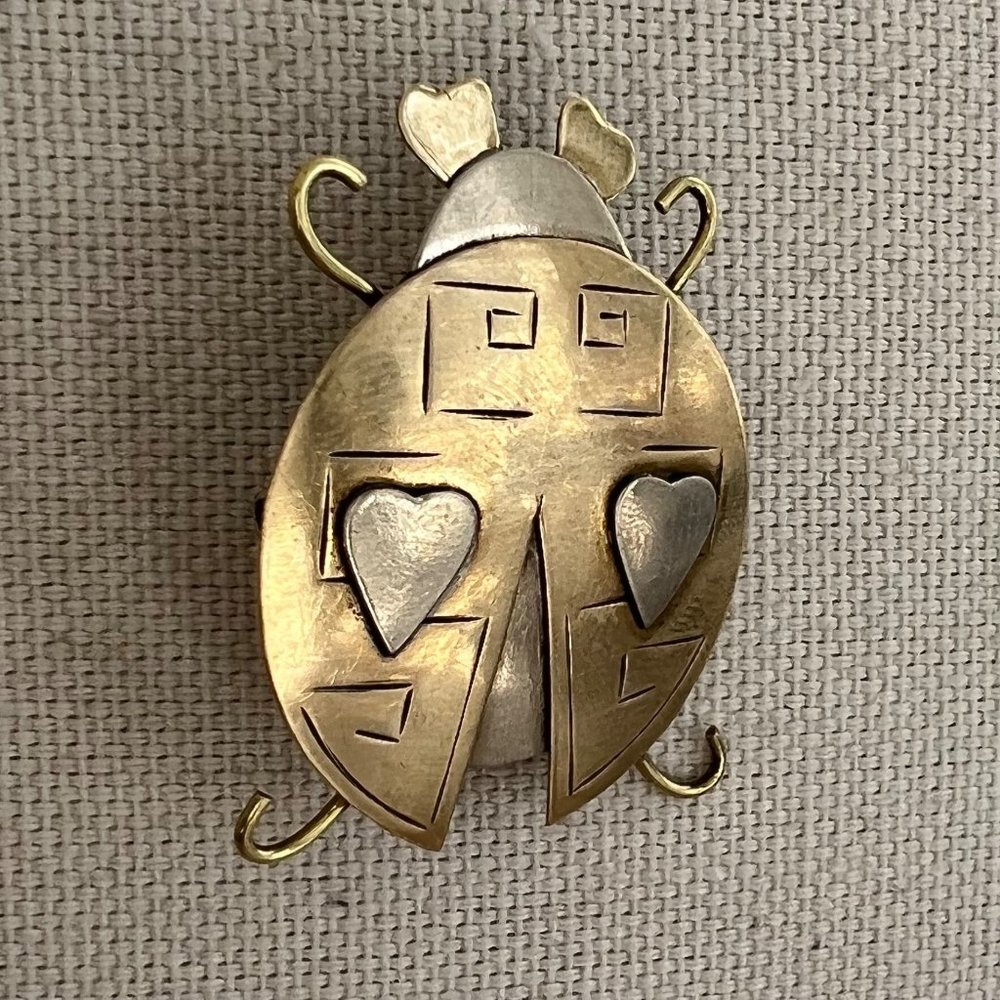 Vintage Brass and Silver Tone Etched Heart Ladybug Brooch